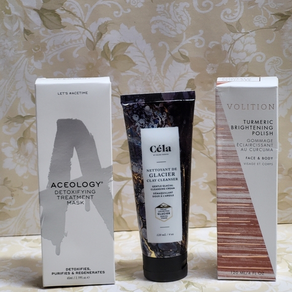 Aceology Detox Mask, Cela Glacier Cleanser, & Volition Turmeric Polish, NIB - Picture 2 of 16
